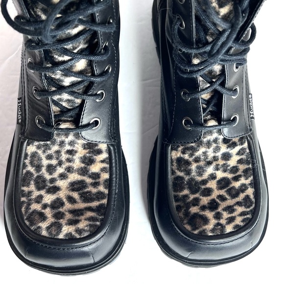 Retro Mudd Boots Combat Moto Y2K Leopard Black Genuine Leather 10 Lace Up - Picture 5 of 17